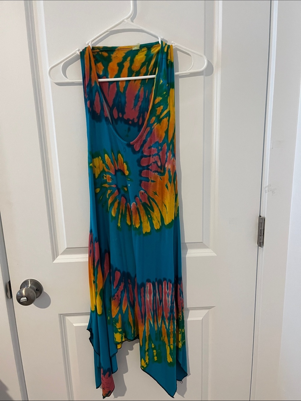 Source Unknown Teal Tie-Dye Asymmetrical Handkerchief Hem Dress